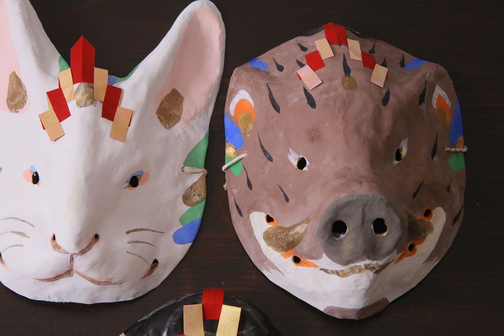 昭和期　藤原孚石作　嵯峨面　厄除　5個セット・紙箱付き(干支)(R-036951)