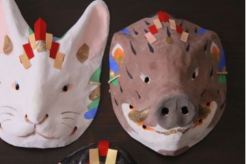 昭和期　藤原孚石作　嵯峨面　厄除　5個セット・紙箱付き(干支)(R-036951)