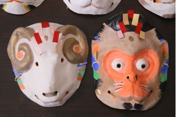 昭和期　藤原孚石作　嵯峨面　厄除　5個セット・紙箱付き(干支)(R-036951)