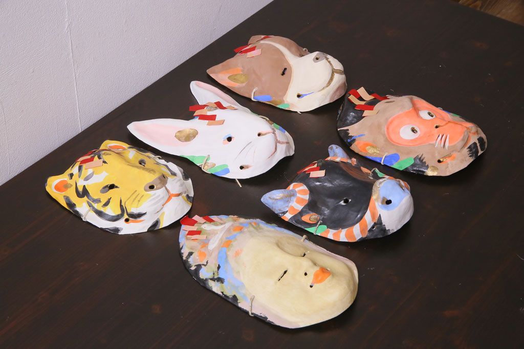 昭和期　藤原孚石作　嵯峨面　厄除　6個セット・紙箱付き(干支)(R-036952)