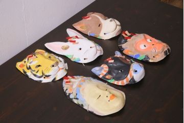 昭和期　藤原孚石作　嵯峨面　厄除　6個セット・紙箱付き(干支)(R-036952)