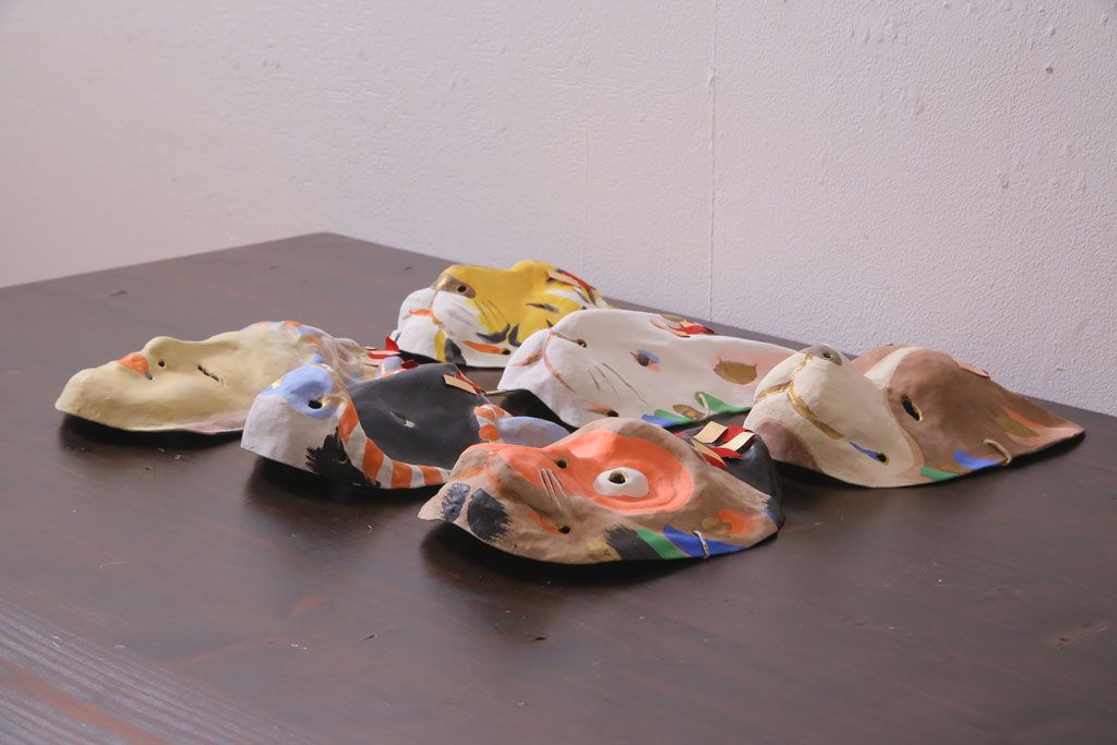 昭和期　藤原孚石作　嵯峨面　厄除　6個セット・紙箱付き(干支)(R-036952)