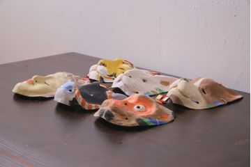 昭和期　藤原孚石作　嵯峨面　厄除　6個セット・紙箱付き(干支)(R-036952)