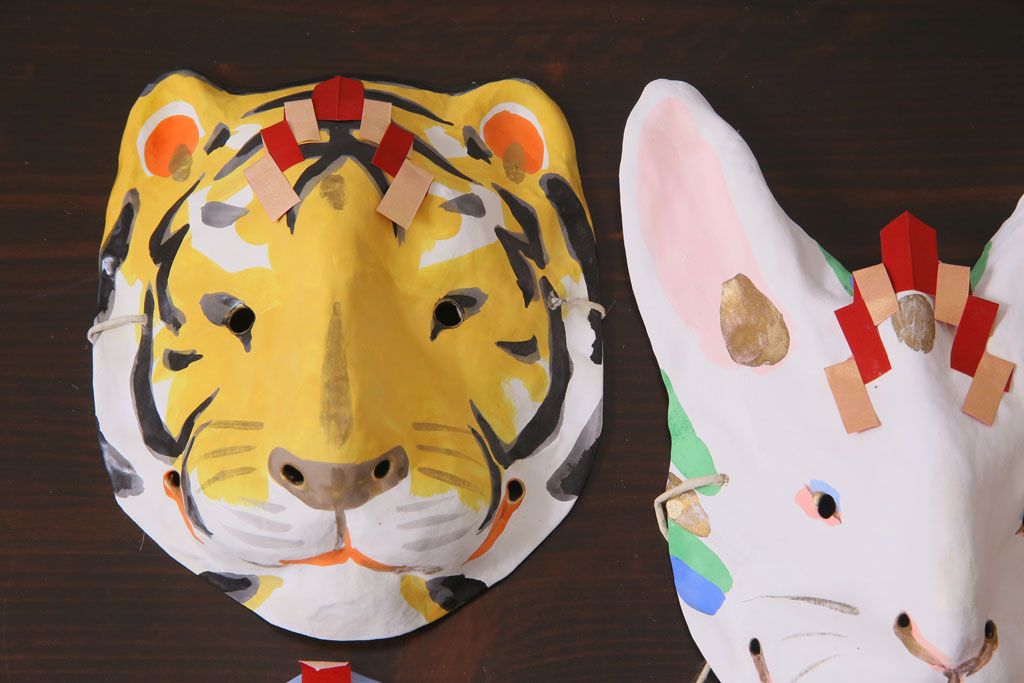 昭和期　藤原孚石作　嵯峨面　厄除　6個セット・紙箱付き(干支)(R-036952)