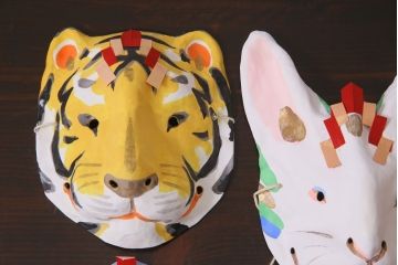 昭和期　藤原孚石作　嵯峨面　厄除　6個セット・紙箱付き(干支)(R-036952)