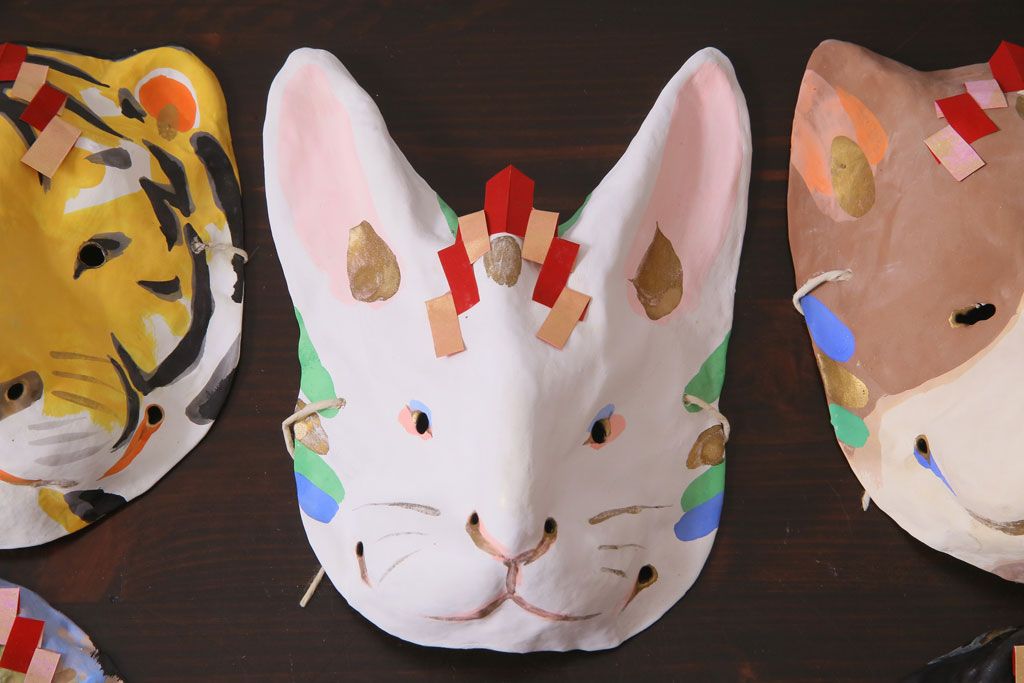 昭和期　藤原孚石作　嵯峨面　厄除　6個セット・紙箱付き(干支)(R-036952)