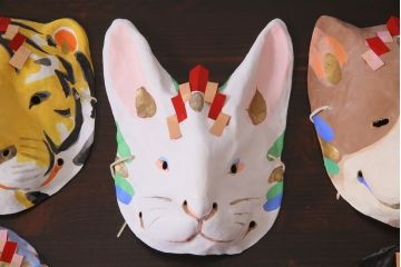 昭和期　藤原孚石作　嵯峨面　厄除　6個セット・紙箱付き(干支)(R-036952)