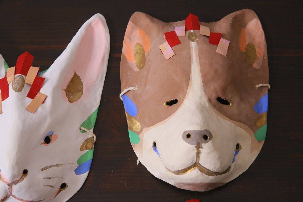 昭和期　藤原孚石作　嵯峨面　厄除　6個セット・紙箱付き(干支)(R-036952)