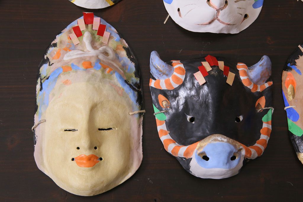 昭和期　藤原孚石作　嵯峨面　厄除　6個セット・紙箱付き(干支)(R-036952)