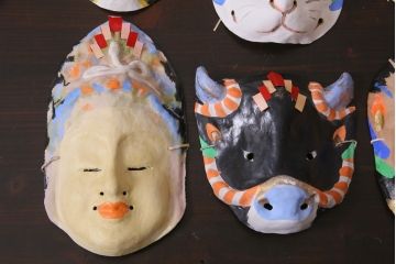 昭和期　藤原孚石作　嵯峨面　厄除　6個セット・紙箱付き(干支)(R-036952)