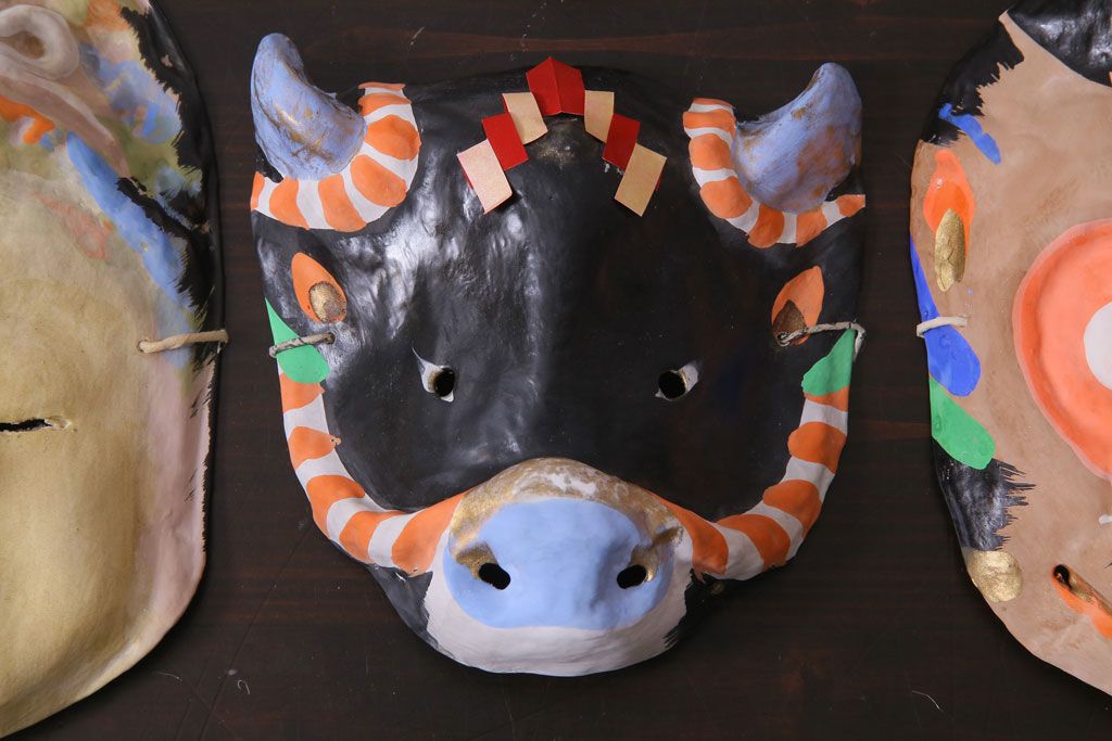 昭和期　藤原孚石作　嵯峨面　厄除　6個セット・紙箱付き(干支)(R-036952)