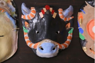 昭和期　藤原孚石作　嵯峨面　厄除　6個セット・紙箱付き(干支)(R-036952)