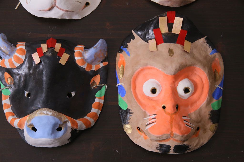 昭和期　藤原孚石作　嵯峨面　厄除　6個セット・紙箱付き(干支)(R-036952)