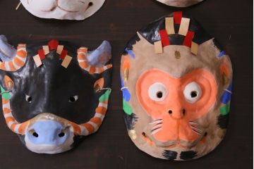 昭和期　藤原孚石作　嵯峨面　厄除　6個セット・紙箱付き(干支)(R-036952)