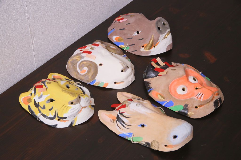 昭和期　藤原孚石作　嵯峨面　厄除　5個セット・紙箱付き(干支)(R-036953)