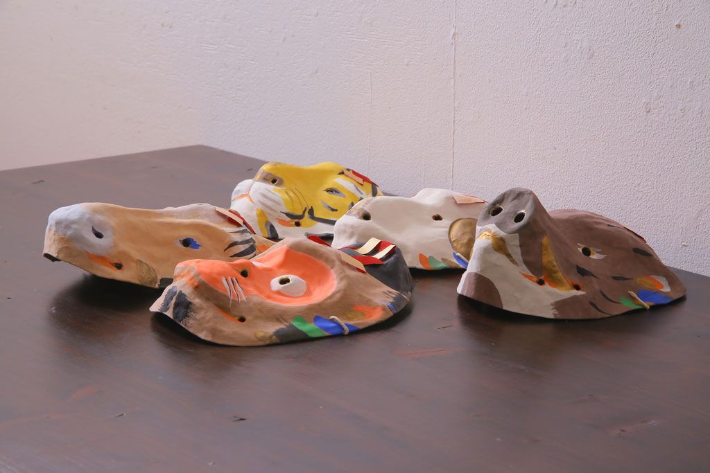 昭和期　藤原孚石作　嵯峨面　厄除　5個セット・紙箱付き(干支)(R-036953)