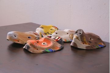 昭和期　藤原孚石作　嵯峨面　厄除　5個セット・紙箱付き(干支)(R-036953)