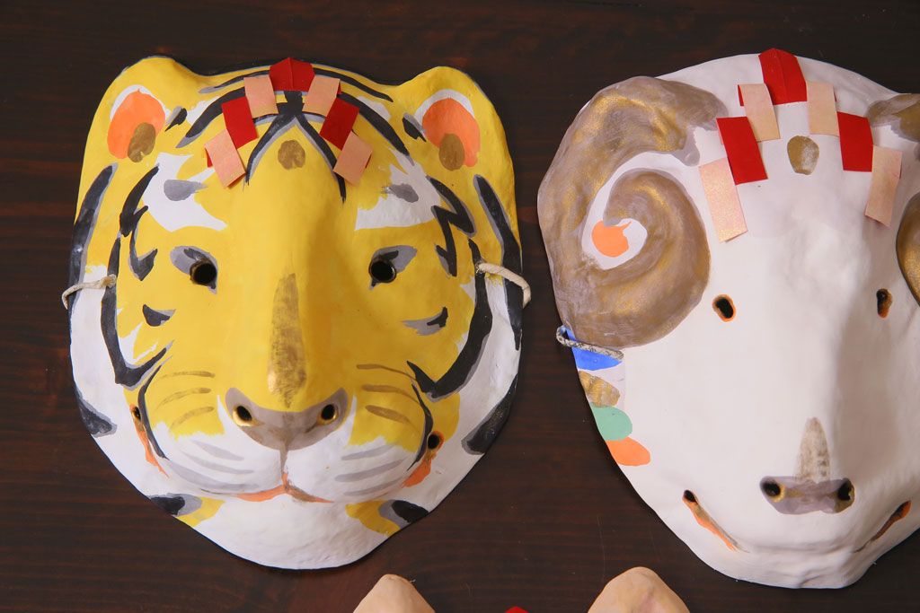 昭和期　藤原孚石作　嵯峨面　厄除　5個セット・紙箱付き(干支)(R-036953)