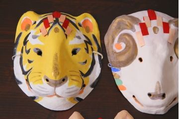 昭和期　藤原孚石作　嵯峨面　厄除　5個セット・紙箱付き(干支)(R-036953)