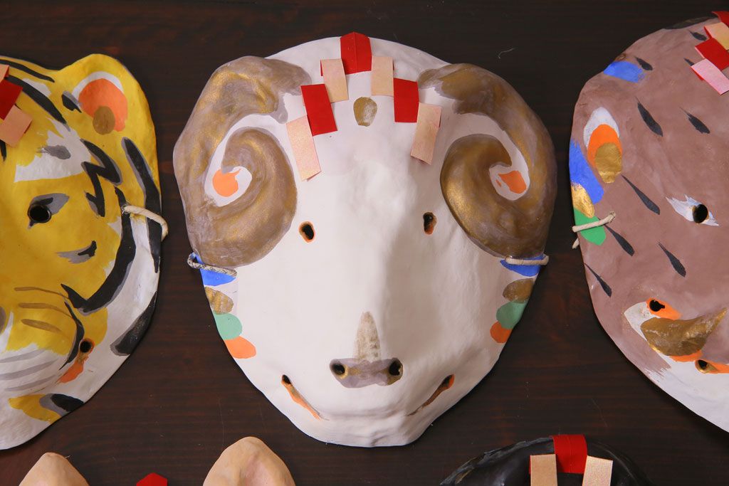 昭和期　藤原孚石作　嵯峨面　厄除　5個セット・紙箱付き(干支)(R-036953)