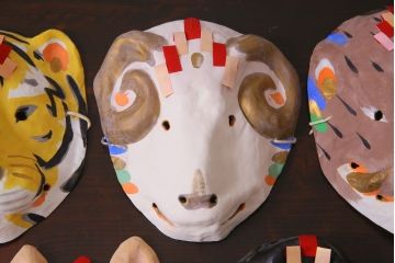 昭和期　藤原孚石作　嵯峨面　厄除　5個セット・紙箱付き(干支)(R-036953)