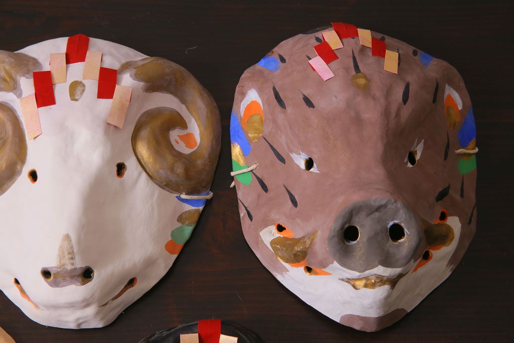 昭和期　藤原孚石作　嵯峨面　厄除　5個セット・紙箱付き(干支)(R-036953)