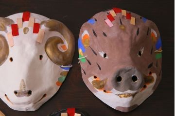 昭和期　藤原孚石作　嵯峨面　厄除　5個セット・紙箱付き(干支)(R-036953)