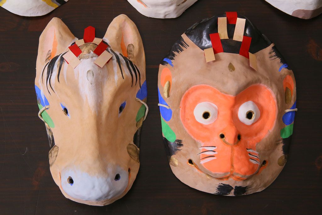 昭和期　藤原孚石作　嵯峨面　厄除　5個セット・紙箱付き(干支)(R-036953)