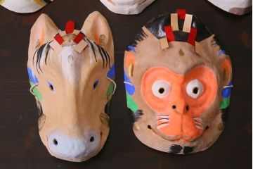 昭和期　藤原孚石作　嵯峨面　厄除　5個セット・紙箱付き(干支)(R-036953)