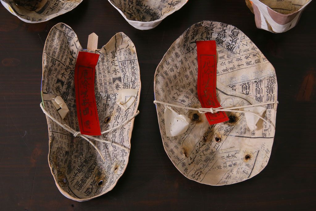 昭和期　藤原孚石作　嵯峨面　厄除　5個セット・紙箱付き(干支)(R-036953)