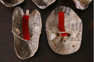 昭和期　藤原孚石作　嵯峨面　厄除　5個セット・紙箱付き(干支)(R-036953)