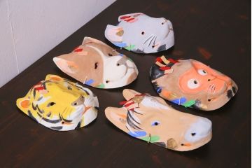 昭和期　藤原孚石作　嵯峨面　厄除　5個セット・紙箱付き(干支)(R-036954)