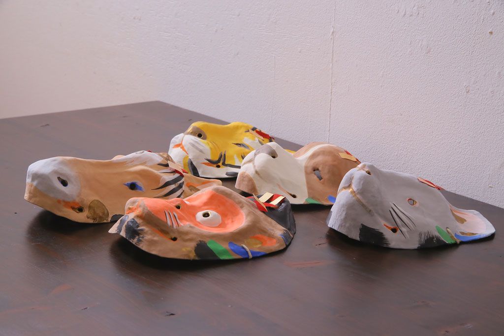 昭和期　藤原孚石作　嵯峨面　厄除　5個セット・紙箱付き(干支)(R-036954)