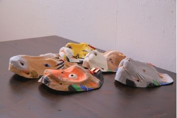 昭和期　藤原孚石作　嵯峨面　厄除　5個セット・紙箱付き(干支)(R-036954)