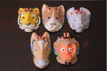 昭和期　藤原孚石作　嵯峨面　厄除　5個セット・紙箱付き(干支)(R-036954)
