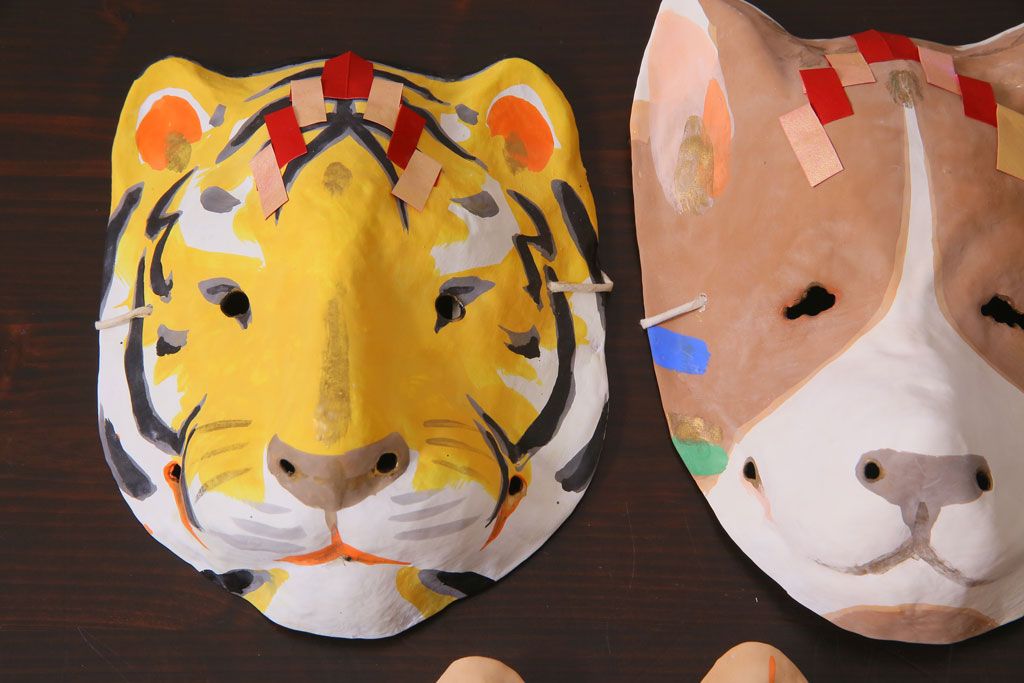 昭和期　藤原孚石作　嵯峨面　厄除　5個セット・紙箱付き(干支)(R-036954)