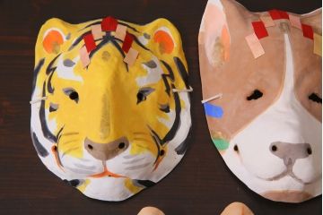 昭和期　藤原孚石作　嵯峨面　厄除　5個セット・紙箱付き(干支)(R-036954)