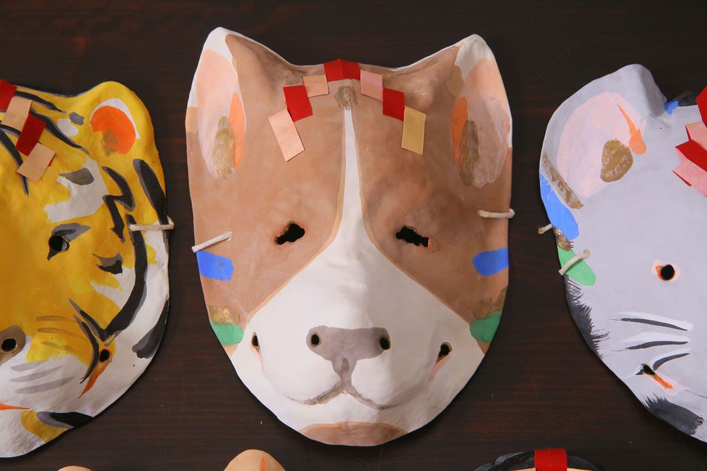 昭和期　藤原孚石作　嵯峨面　厄除　5個セット・紙箱付き(干支)(R-036954)