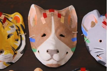 昭和期　藤原孚石作　嵯峨面　厄除　5個セット・紙箱付き(干支)(R-036954)