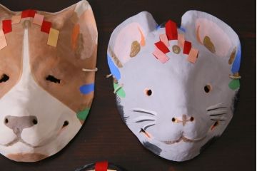 昭和期　藤原孚石作　嵯峨面　厄除　5個セット・紙箱付き(干支)(R-036954)