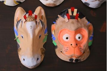 昭和期　藤原孚石作　嵯峨面　厄除　5個セット・紙箱付き(干支)(R-036954)