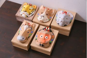 昭和期　藤原孚石作　嵯峨面　厄除　5個セット・紙箱付き(干支)(R-036954)
