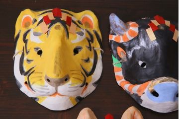 昭和期　藤原孚石作　嵯峨面　厄除　5個セット・紙箱付き(干支)(R-036955)