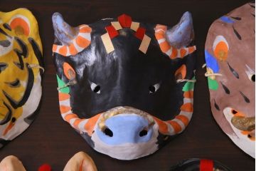 昭和期　藤原孚石作　嵯峨面　厄除　5個セット・紙箱付き(干支)(R-036955)