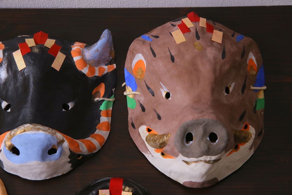 昭和期　藤原孚石作　嵯峨面　厄除　5個セット・紙箱付き(干支)(R-036955)