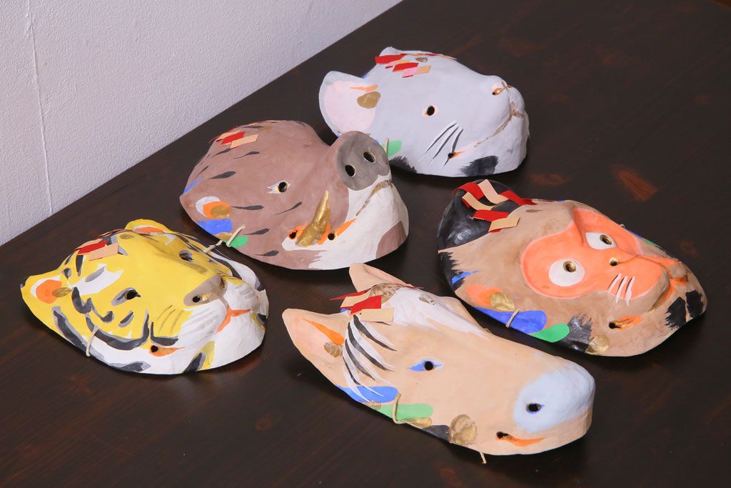 昭和期　藤原孚石作　嵯峨面　厄除　5個セット・紙箱付き(干支)(R-036956)