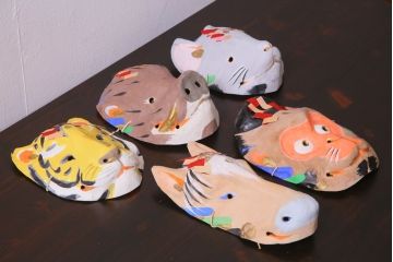 昭和期　藤原孚石作　嵯峨面　厄除　5個セット・紙箱付き(干支)(R-036956)