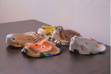 昭和期　藤原孚石作　嵯峨面　厄除　5個セット・紙箱付き(干支)(R-036956)