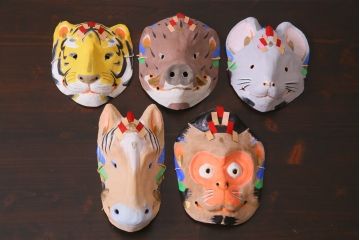 昭和期　藤原孚石作　嵯峨面　厄除　5個セット・紙箱付き(干支)(R-036956)