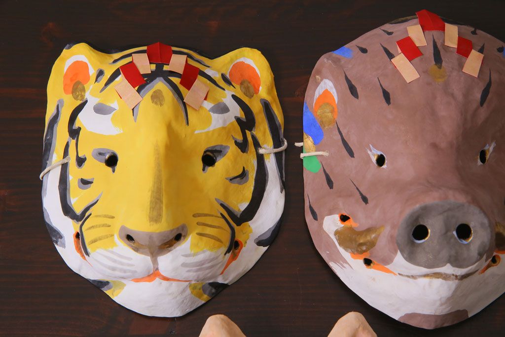 昭和期　藤原孚石作　嵯峨面　厄除　5個セット・紙箱付き(干支)(R-036956)